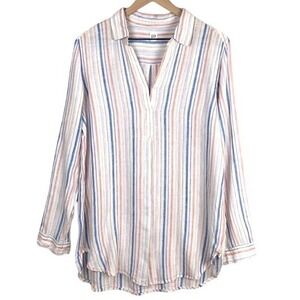 GAP 100% Linen Tunic Top Sz L Multi Popover Split Neck Coastal Split Neck Shirt